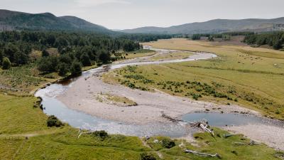 Aerial view of Slugain burn, winding river.